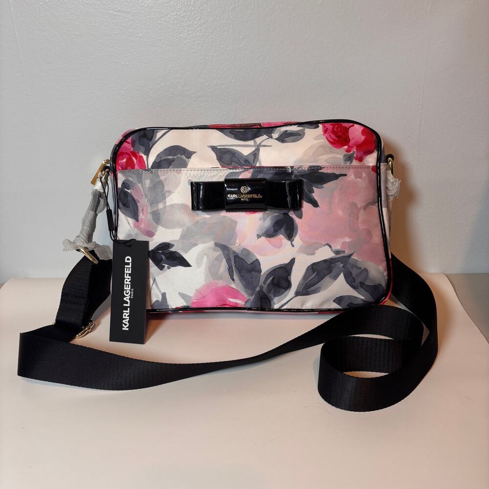 Karl Lagerfeld Paris Floral Crossbody Bag NWT pink white gray black patent bow